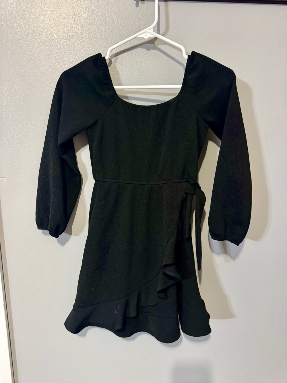 Three Hearts Black Puff-Sleeve Wrap Ruffle Mini Dress